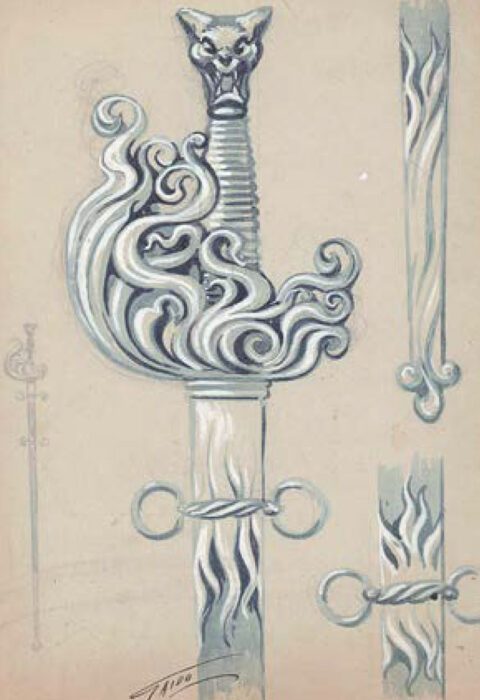 Disegno di spade in stile fantasy. Archivio Corbella - Armi per teatro